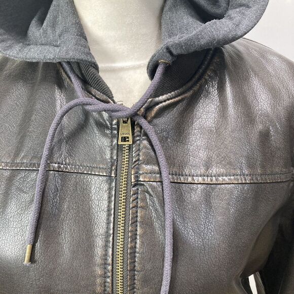 Levi Strauss Brown Faux Leather Jacket Hooded Womans Large Sherpa quilted zip - Picture 11 of 13